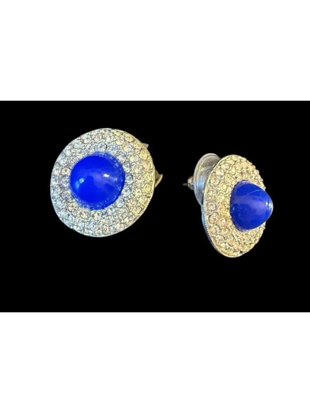 Vintage Kenneth Lane Round Blue Glass Cab Earrings Pave Clear Rhinestone 7/8” - Picture 7 of 7
